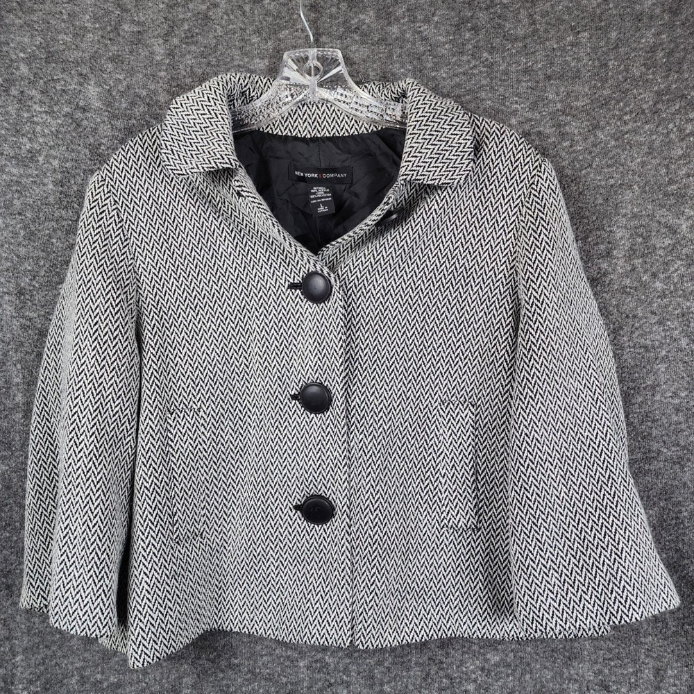 New York & Company Herringbone Pea Coat Women Large Black White 3/4 Sleeve Lined